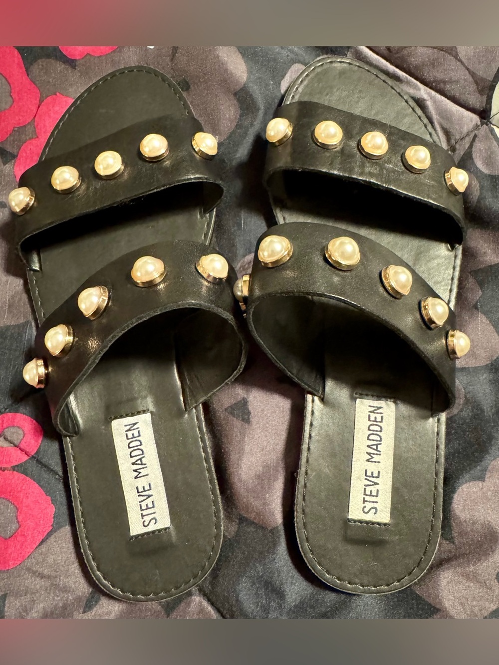 Steve Madden Black Slide Sandals with Gold Pearl Studs